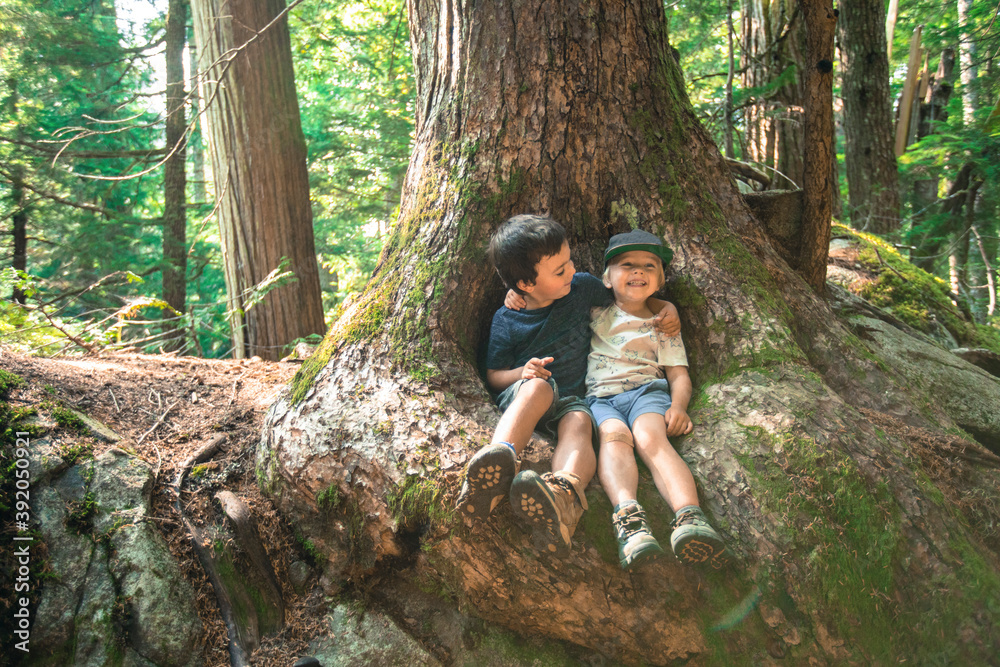 Two young boy friends embrace happily under large tree Two young boy friends embrace happily under large tree