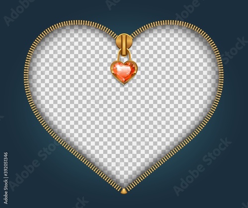 Zipper with heart-shaped clasp and red jewel. Valentine s Day card. With copy space. 3D realistic illustration. Vector.