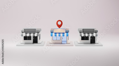 3D front store with blank store signage at night time. 3d rendering. photo