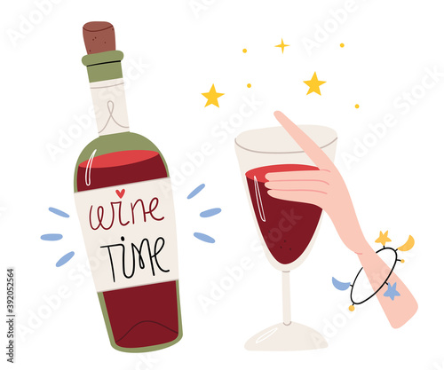 Bottle of wine in cartoon style.Vector illustration in cartoon simple flat style.