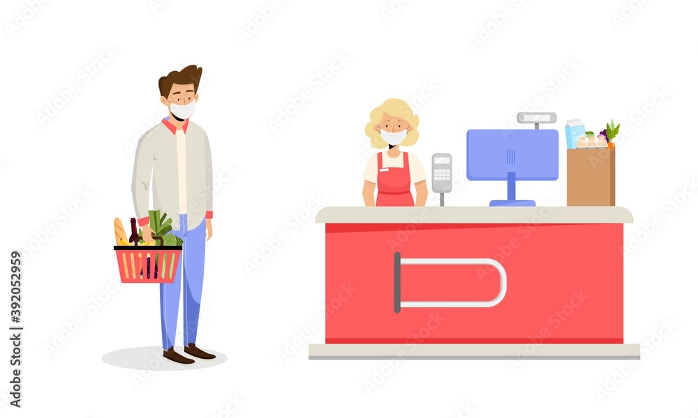 Female cashier desk in supermarket and male customer with basket and grocery food wearing mask. Vector illustration in flat style concept of virus prevention during covid-19 Female cashier desk in supermarket and male customer with basket and grocery food wearing mask. Vector illustration in flat style concept of virus prevention during covid-19