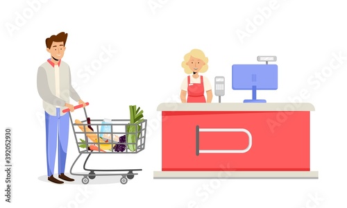 Female cashier desk in supermarket and male customer with basket trolley and grocery food. Vector illustration in flat style
