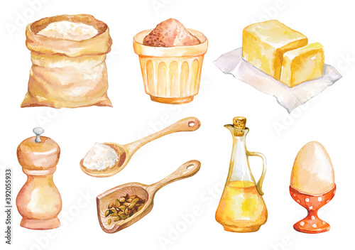 Watercolor set with food ingredients for cooking and baking. Culinary сlipart isolated on white background. Hand drawn cooking elements perfect for card, food blog and logo design