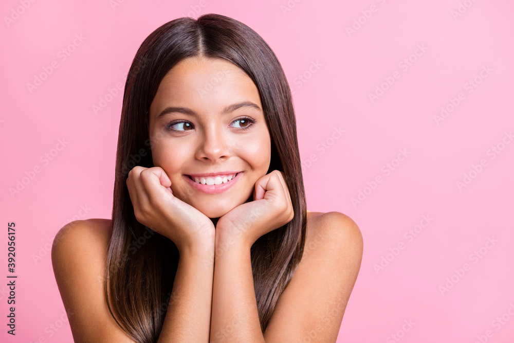 Photo of trendy girl hands on cheeks look empty space dream wear yellow singlet isolated bright pink color background Photo of trendy girl hands on cheeks look empty space dream wear yellow singlet isolated bright pink color background