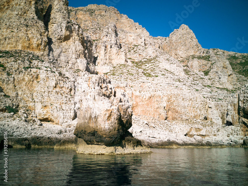 Detail of the fragmented rocky coastline of the Marettimo island, a protected maritime natural reserve in the middle of Mediterranean sea in Italy