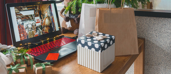 Christmas online shopping, sales and discounts promotions during the Christmas holidays, online shopping at home and lockdown coronavirus.Xmas.