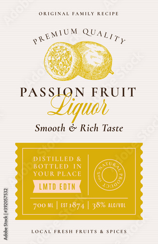 Family Recipe Passion Fruit Liquor Acohol Label. Abstract Vector Packaging Design Layout. Modern Typography Banner with Hand Drawn Fruit Silhouette Logo and Background. Isolated