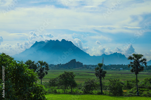 Mountain landscape  lake and mountain range and blue sky