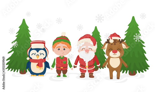 Merry Christmas illustration with Santa Claus  Elf  Deer and Penguin. Christmas cartoon poster isolated on white. 