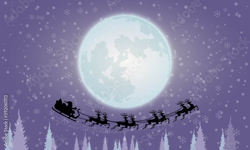 Holiday night winter landscape background with fullmoon and Santa,reindeers,winter tree. Heavy snowfall. Copy space for text.