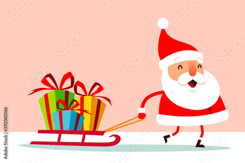 Santa Claus pulling a sled with Christmas gift box presents. Flat vector concept illustration.