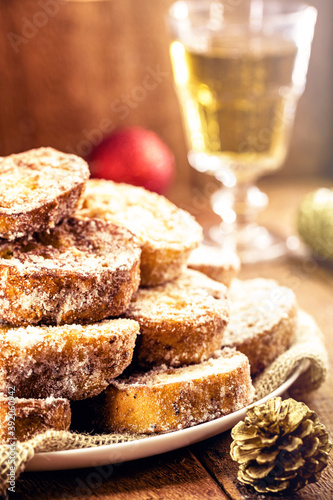 sweet christmas, typical christmas dessert from brazil. Called french toast, baked or fried bread with sugar and cinnamon.