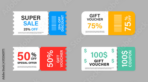 Coupon promotion sale collection. Vector isolated elements. Coupon ticket card. Super sale coupon discount. Stock vector. photo