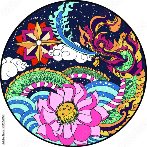 Illustration art in circle. The Japanese art and design to cd-rom or circle cover.Snake, Phoenix, Koi fish and hanya demon's mask design for tattoo.