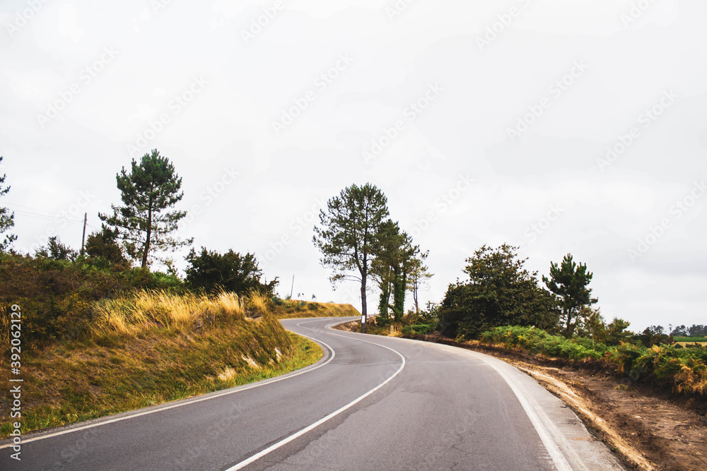 road surrounded by vegetation and cloudy sky road surrounded by vegetation and cloudy sky