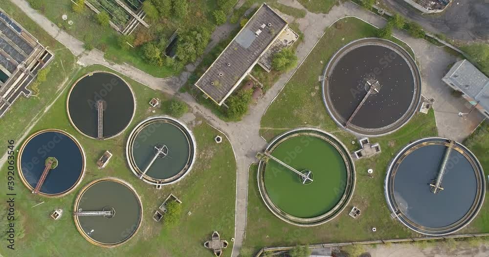 Flying over a water treatment plant. Wastewater treatment plant of a