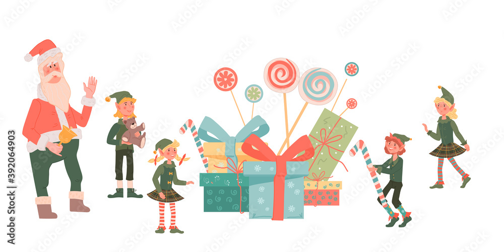Christmas elves standing near pile of gift boxes and Santa cartoon characters, flat vector illustration isolated on white background. Xmas card or poster backdrop. Christmas elves standing near pile of gift boxes and Santa cartoon characters, flat vector illustration isolated on white background. Xmas card or poster backdrop.