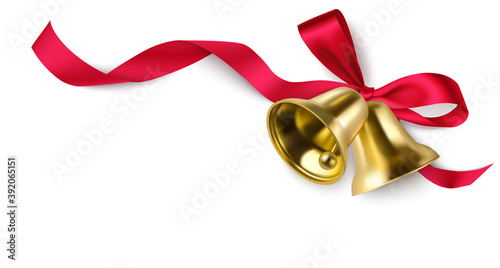 Decorative red bow with swirl ribbon and Christmas golden bells on the corner of page isolated on white. New year background. Vector illustration