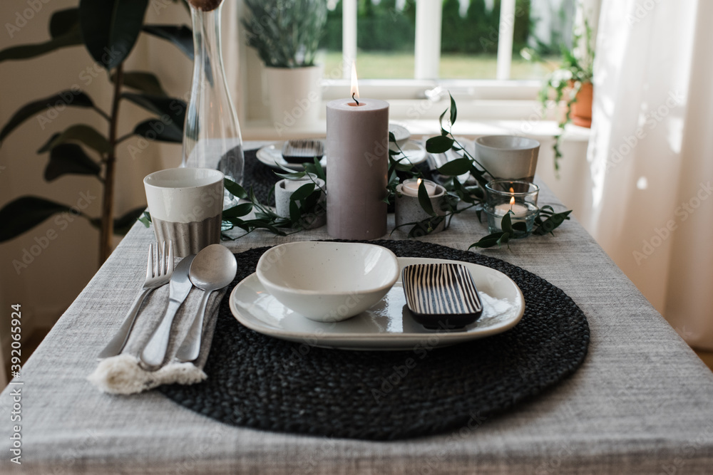 dinner table set up for a romantic meal for two