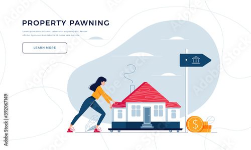 Property pawning template for landing page. Woman drags a home to the bank for house remortgage with getting cash out. Property mortgage, refunding concept for website design. Flat vector illustration