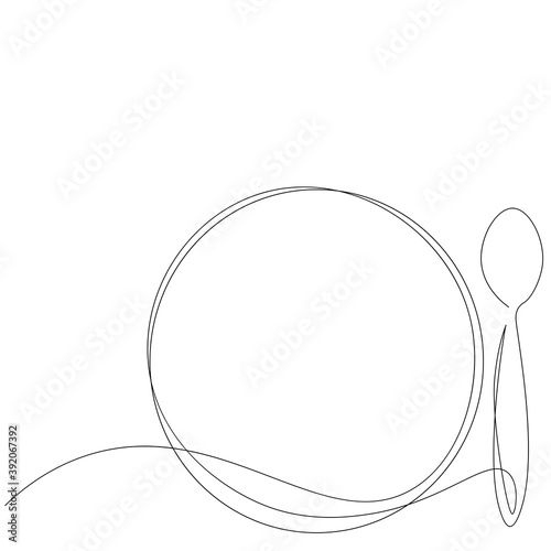 Spoon and plate line drawing on white background, vector illustration 