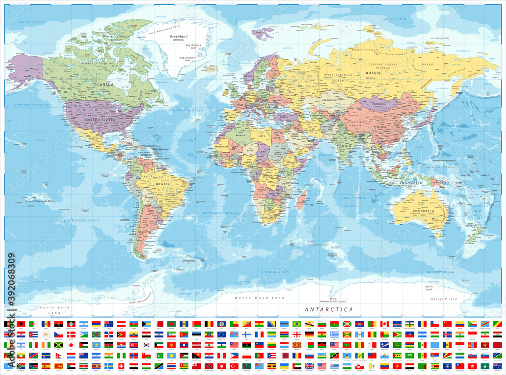 World Map Political and Flags -  Detailed Illustration