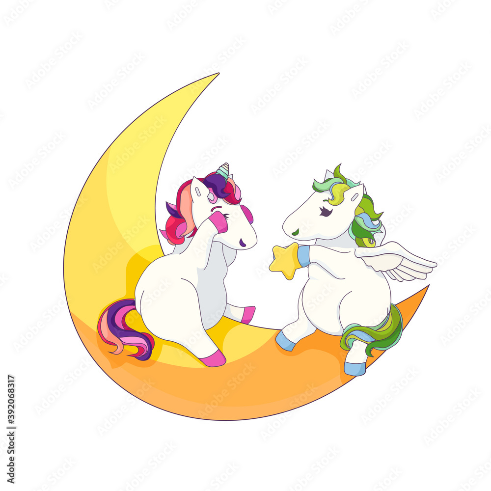 Fototapeta premium Cute Pegasus preparing a star as a gift for Unicorn in Cartoon style, vector Pegasus and Unicorn on white isolated background, concept of Friendship and Love, Magical horses and Fairytales.