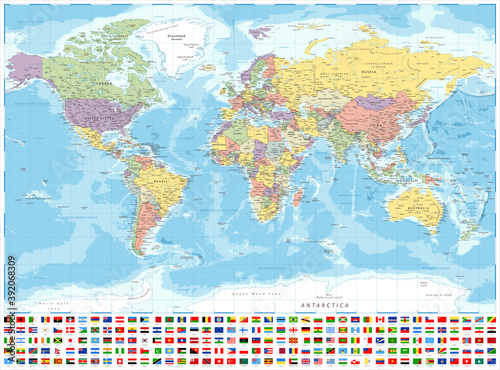 World Map Political and Flags - Detailed Illustration