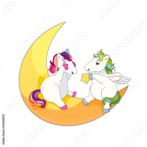 Cute Pegasus preparing a star as a gift for Unicorn in Cartoon style, vector Pegasus and Unicorn on white isolated background, concept of Friendship and Love, Magical horses and Fairytales. © IULIIA