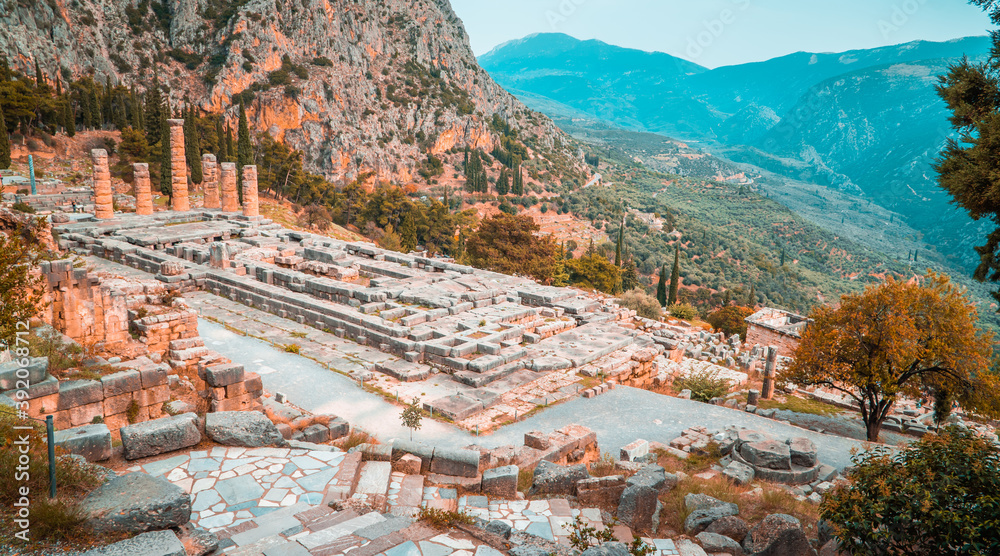 Beautiful autumn view of the ancient Temple of Apollo in Delphi, Greece