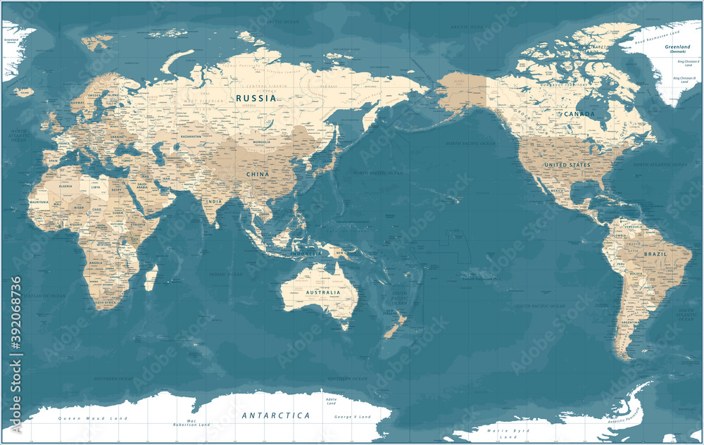 Fototapeta premium World Map - Pacific View - Asia China Center - Political Topographic - Detailed Illustration