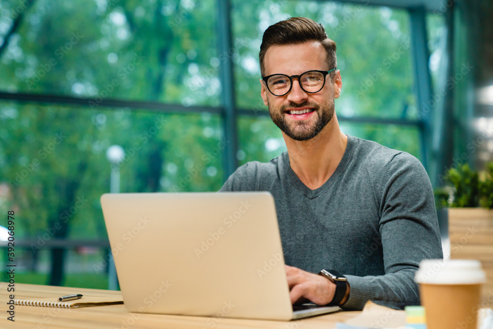 Cropped portrait of smiling handsome man with beard using laptop for work in modern office Cropped portrait of smiling handsome man with beard using laptop for work in modern office