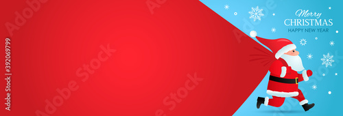 Santa Claus in a hat with a bag full of gifts runs with delivery. vector illustration.
