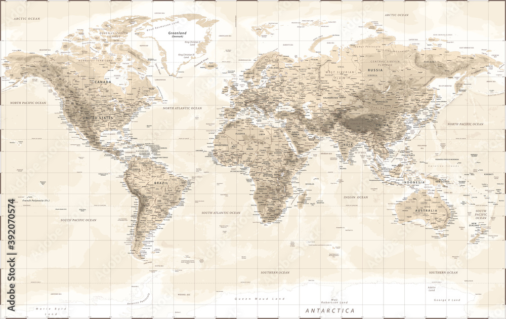 World Map Physical - Vintage Retro Old Style -  Detailed Illustration