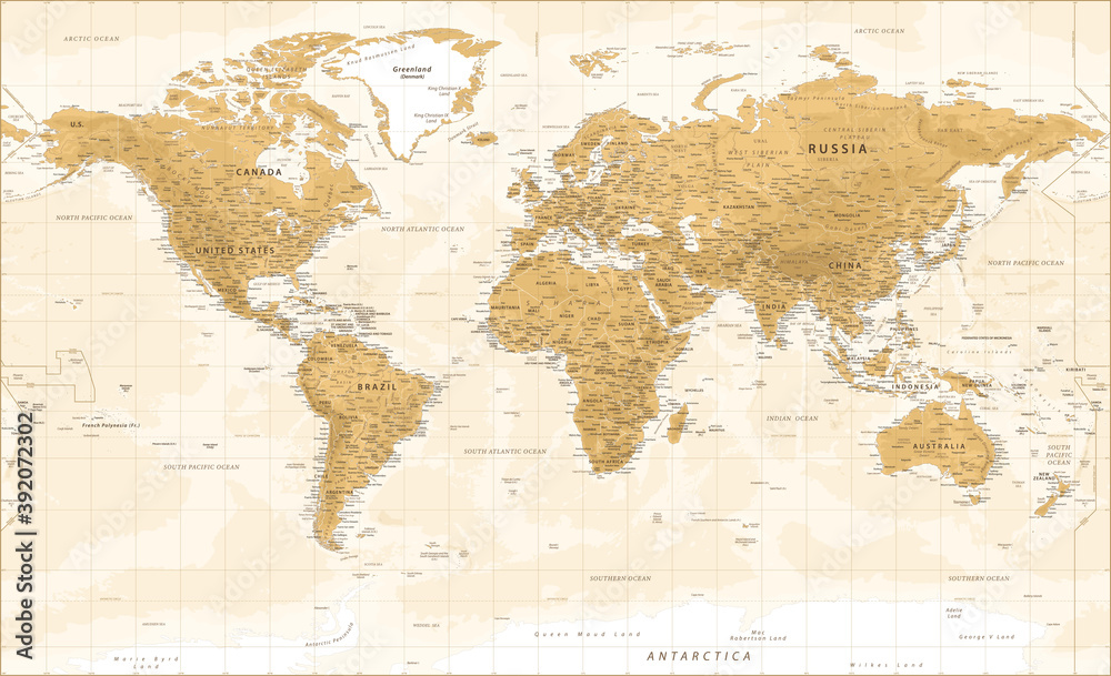 Naklejka World Map - Vintage Physical Topographic - Detailed Illustration