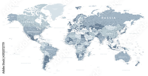 World Map Political - illustration. Highly detailed map of the world: countries, cities, water objects