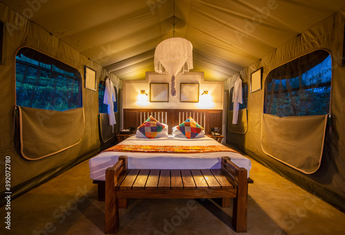 bedroom inside of a luxury camp on the Sri Lankan highlands photo