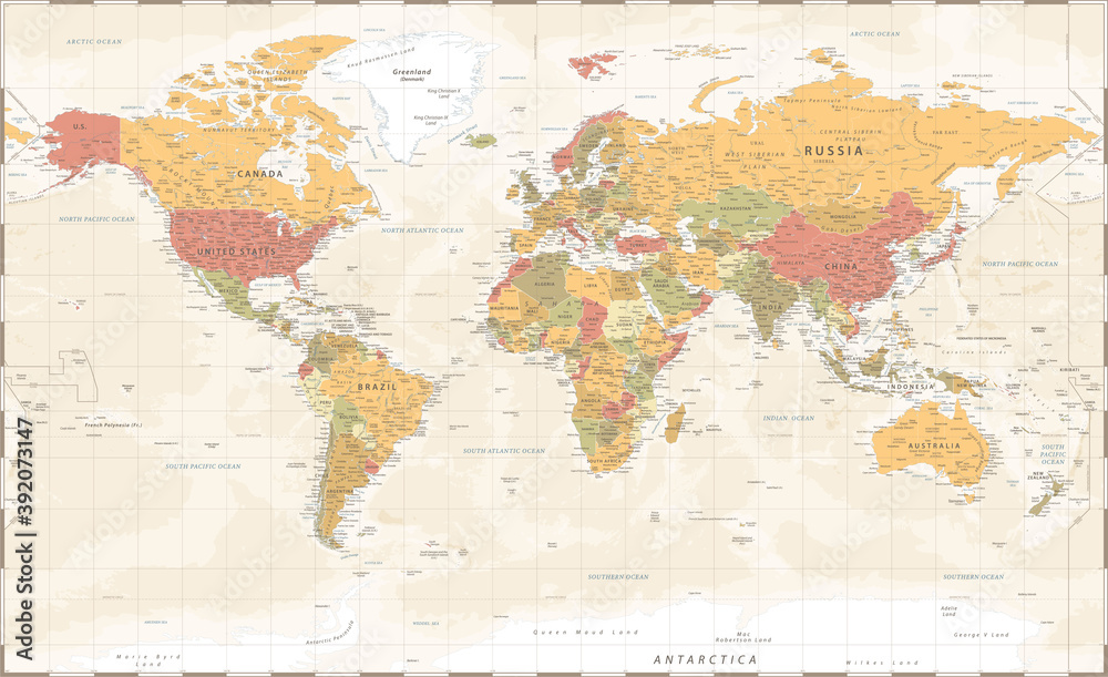 Naklejka World Map Vintage Political - Detailed Illustration - Layers
