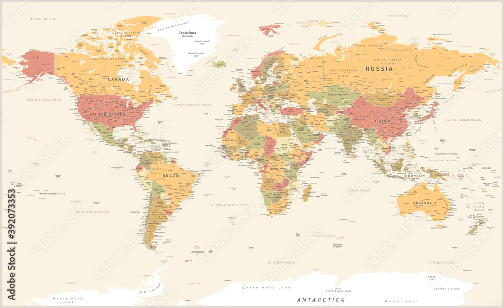Naklejka Mapa świata Vintage Polityczna - Szczegółowa ilustracja - Warstwy