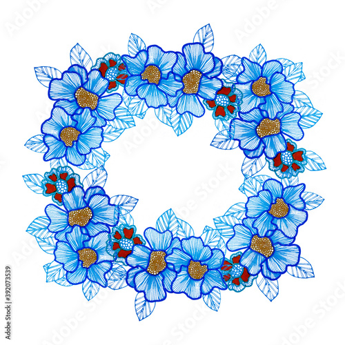 Cornice floreale blu circolare  isolata su sfondo bianco