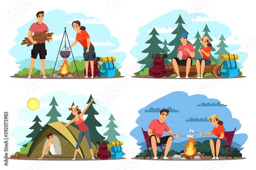 People traveling on adventure illustration set. Couple trekking in mountains and forest with backpacks. Tourist outdoor scene vector. Cooking food on bonfire, sitting together, camping
