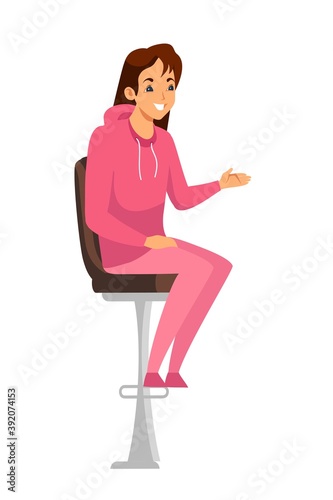 Young woman sitting and showing something. Happy smiling girl sitting on chair high up, talking, waiting and pointing with hand vector illustration. Female on white background