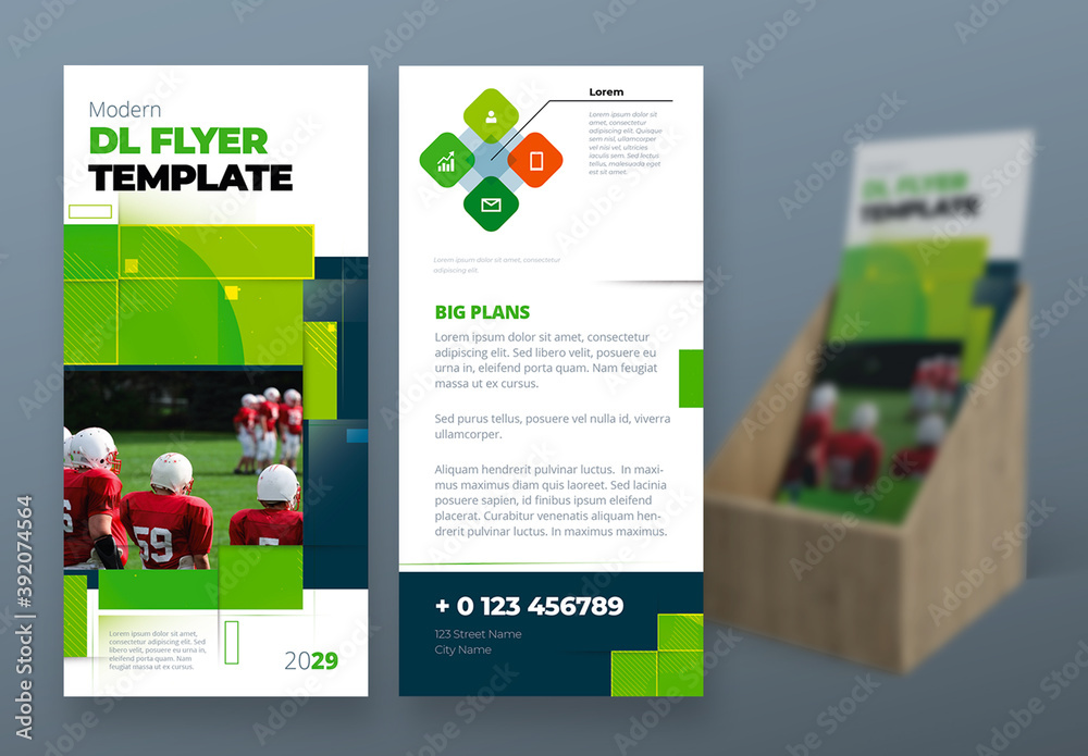 Flyer File Rectangle Green Flyer Layout with Rectangle Elements Stock Template | Adobe Stock