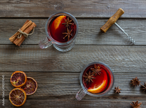 Mulled wine with cinnamon and orange. Hot drink. Winter. Recipe. photo