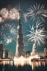 fireworks around Burj Khalifa - exotic New Year destination, Dubai, UAE