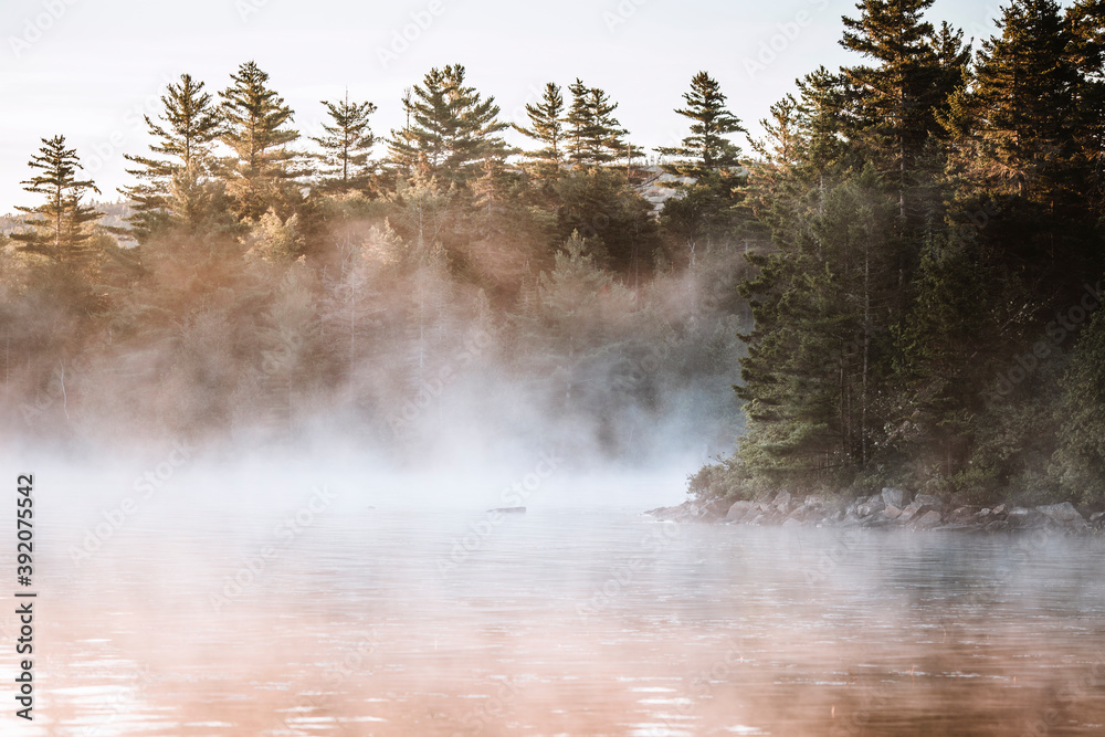 Early morning mist rises off calm waters of Bald Mountain Pond, Maine Early morning mist rises off calm waters of Bald Mountain Pond, Maine