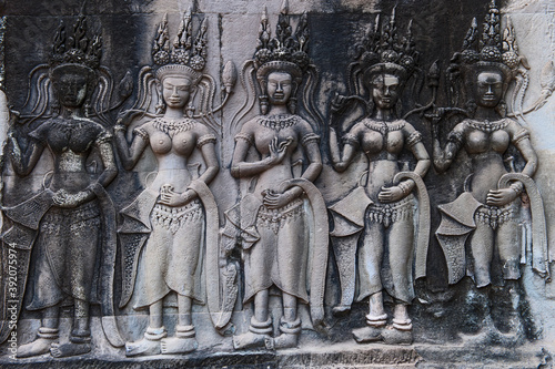 relief at the ancient temple ruins of Angkor Wat in Cambodia