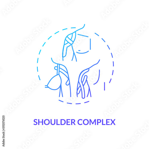 Shoulder complex blue gradient concept icon. Muscle sprain protection. Anatomical diagram. Prevent injury. Kinesiology tape idea thin line illustration. Vector isolated outline RGB color drawing
