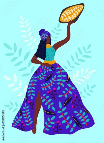 Chocolate collection, hand drawn vector illustration. Woman farmer holds a cocoa beans.