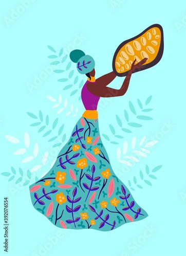 Chocolate collection, hand drawn vector illustration. Woman farmer holds a cocoa beans.